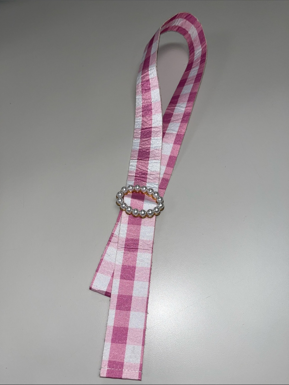 Source Unknown Pink and White Gingham Pearl Buckle Belt